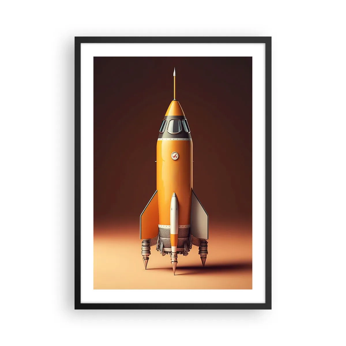 Poszter fehér keretben - Egy modern űrrakéta meleg színekkel tarkított háttér előtt. - 50x70cm - Egy álommal kezdődik - Modern fali dekoráció nappalihoz és hálószobához ARTTOR