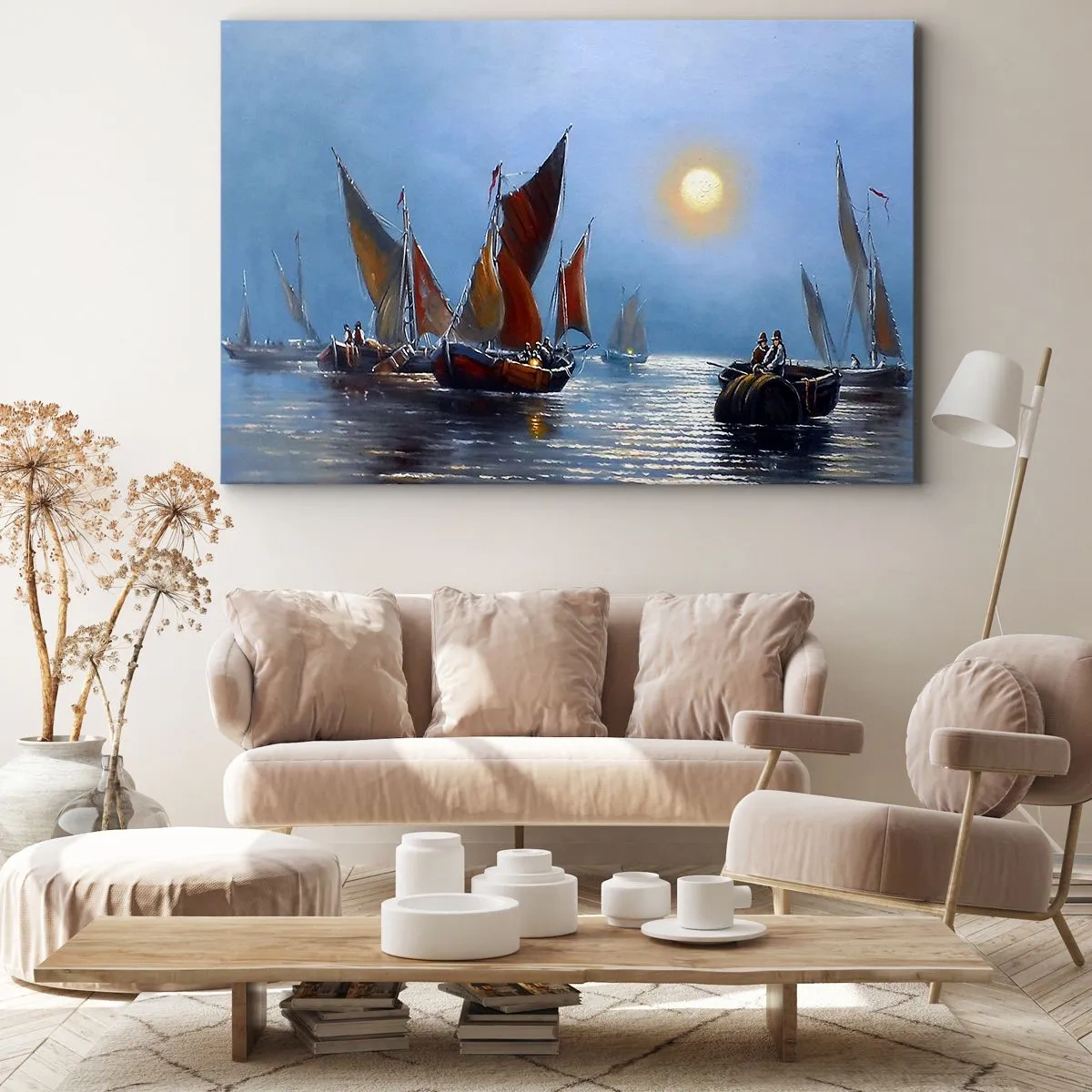 Vászonkép - Vitorlás hajók nyugodt vízen naplementekor - 70x50cm - Éjszakai fogás - Modern fali dekoráció nappalihoz és hálószobához ARTTOR
