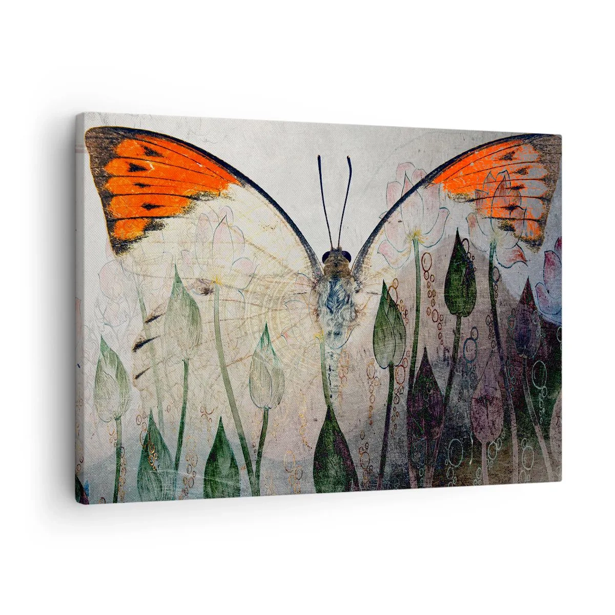 Vászonkép - Egy narancssárga szárnyú pillangó stilizált virágok hátterében. - 70x50cm - „Ahol a pillangó himbálózik a füvön" - Modern fali dekoráció nappalihoz és hálószobához ARTTOR