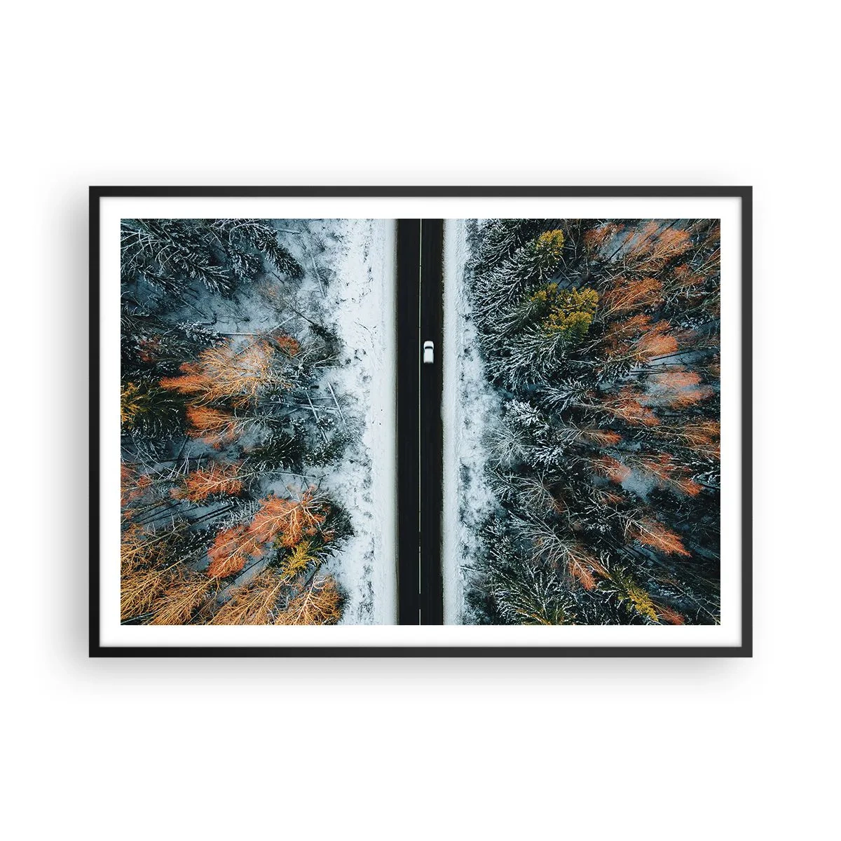 Poszter fehér keretben - Átvágni a téli erdőn - 100x70 cm