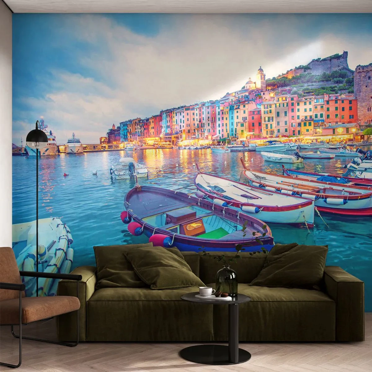 Fotótapéta Premium Sand - Színes este a kikötőben - Kikötőváros, Építészet, Tájkép - 300x210 cm