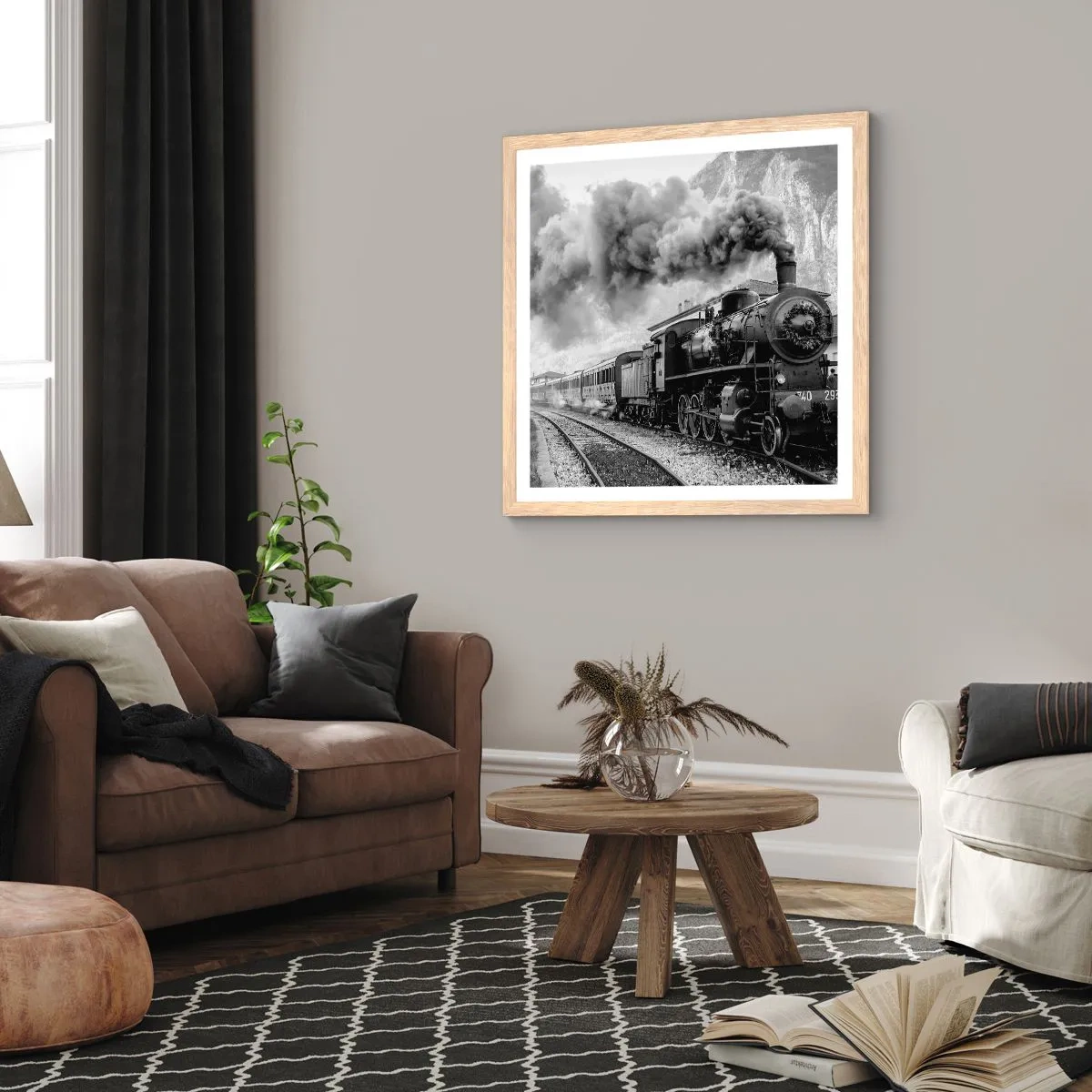 Poszter világos tölgy keretben - Indulását a mozdony várja… - 40x40 cm