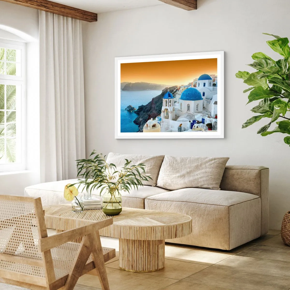 Poszter fekete keretben - Santorini – rásimulva a sziklákra - 50x40 cm