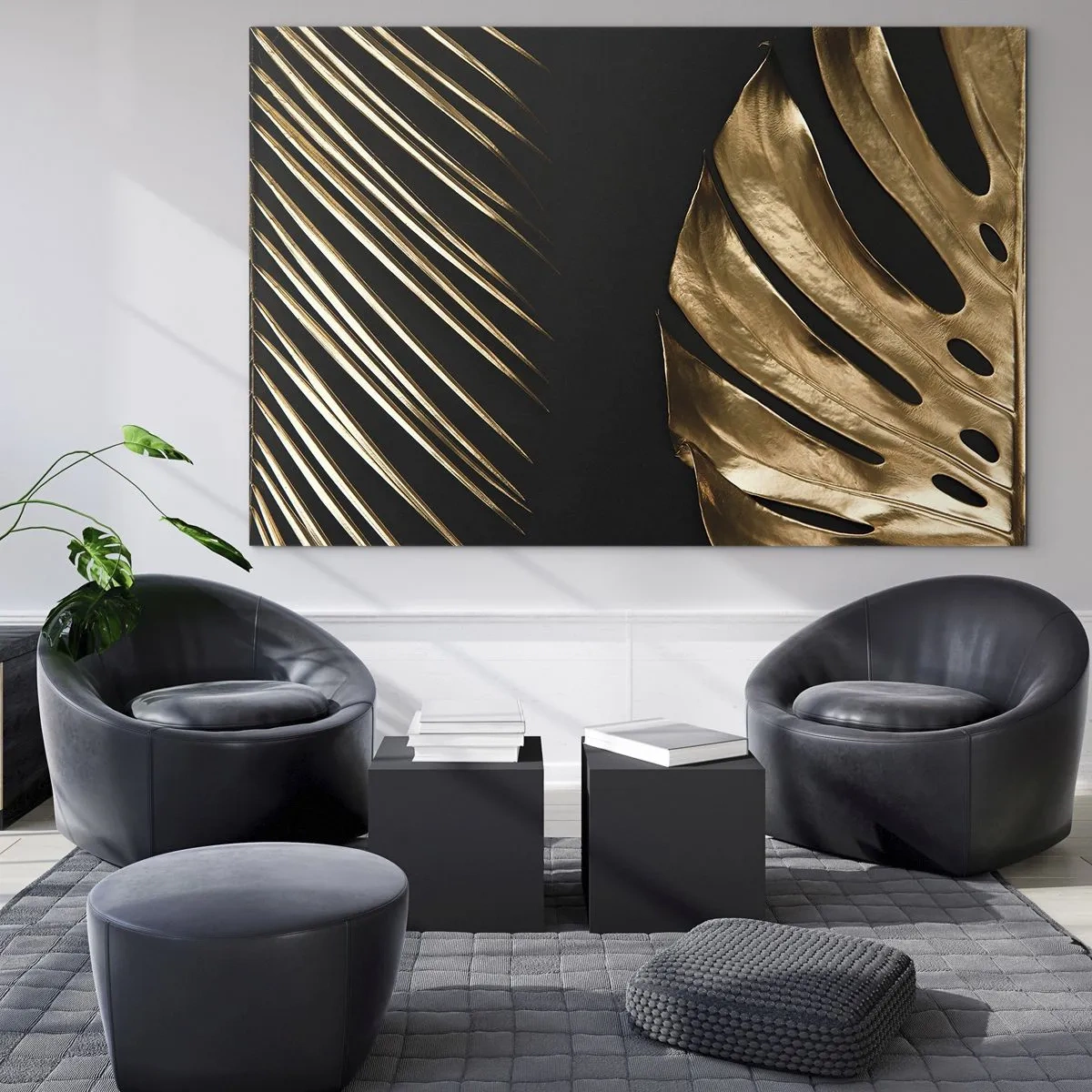 Üveg kép - Arany pálmalevelek és szörnyek fekete alapon - 70x50cm - Más és ugyanolyan drága - Modern fali dekoráció nappalihoz és hálószobához ARTTOR