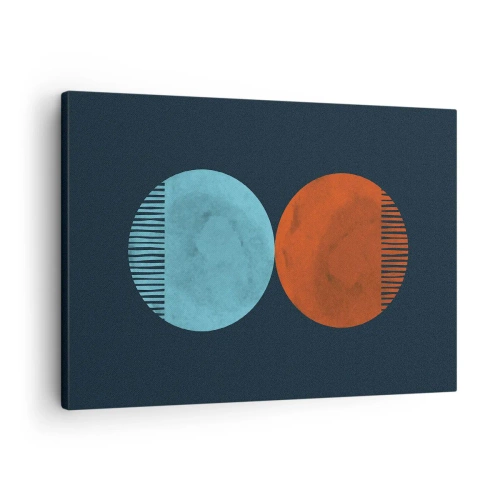 Vászonkép - Minimalista kétkerekű dizájn kék és narancssárga színben - 70x50cm - Csak a geometria? - Modern fali dekoráció nappalihoz és hálószobához ARTTOR