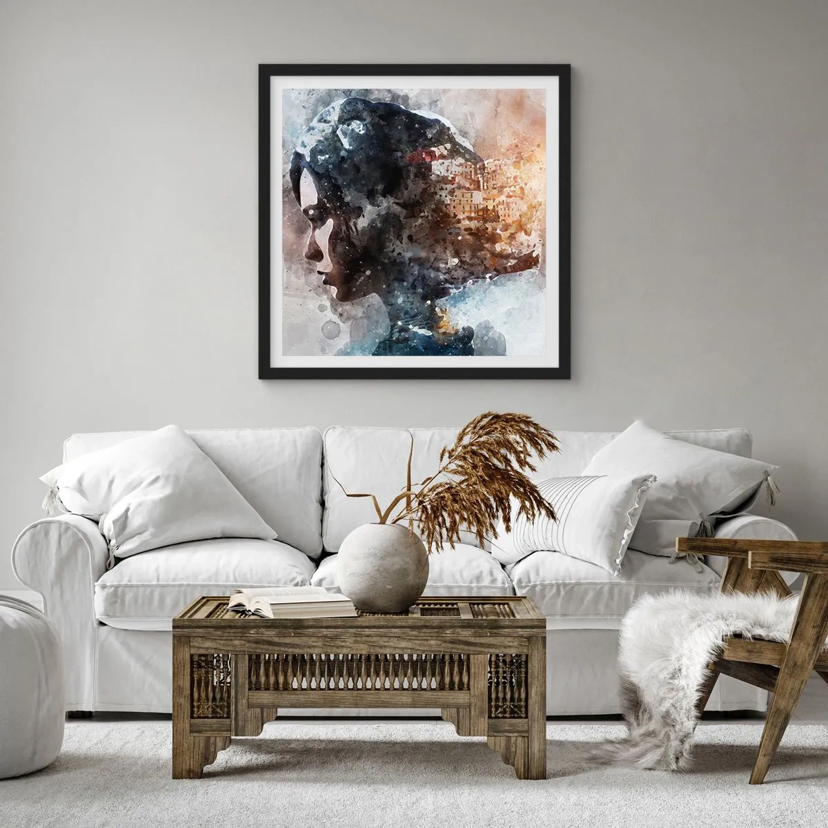 Poszter fehér keretben - Történet egy lányról, várossal a háttérben - 60x60 cm