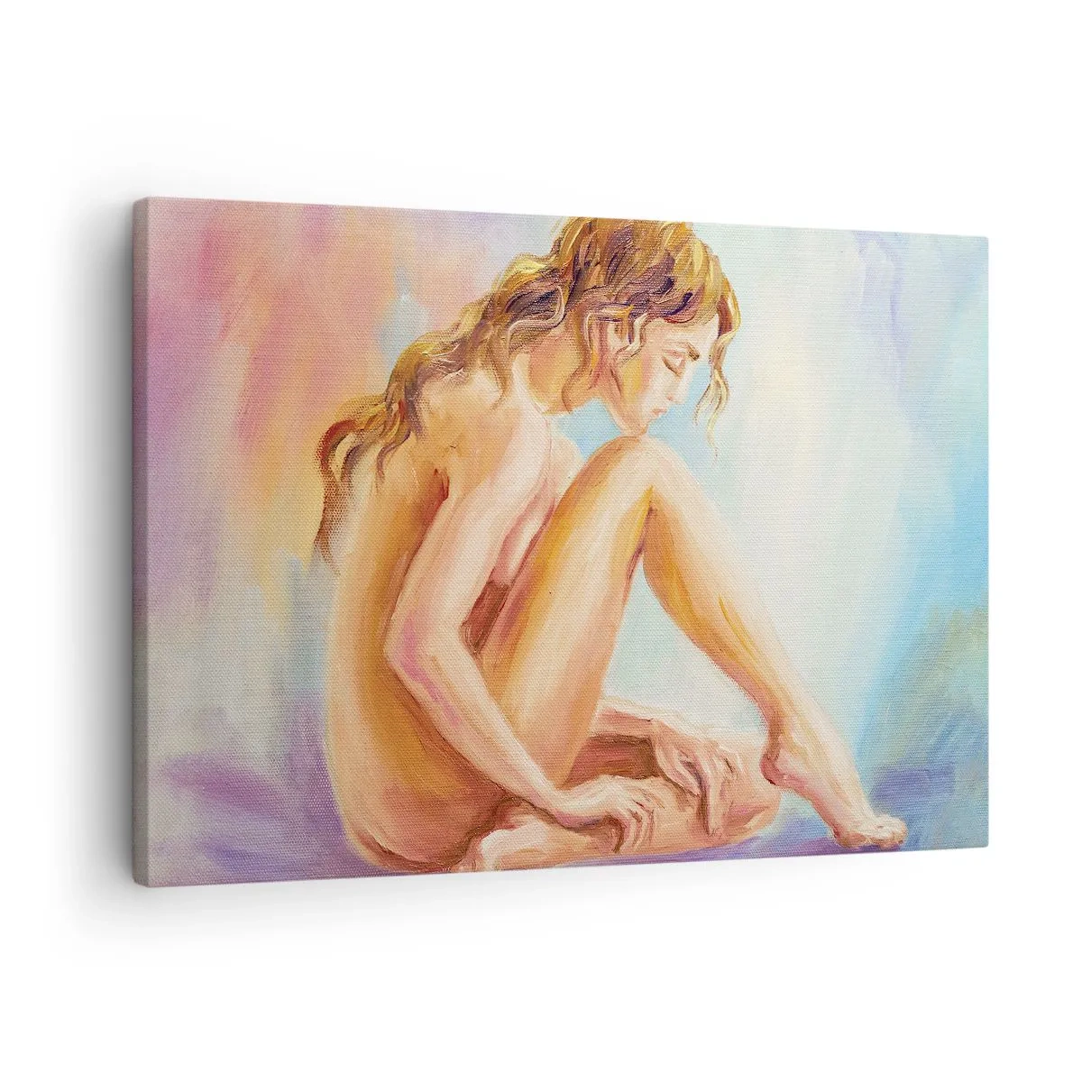 Vászonkép - Egy nő finom alakja pasztell háttér előtt - 70x50cm - A fiatalság cselekedete - Modern fali dekoráció nappalihoz és hálószobához ARTTOR