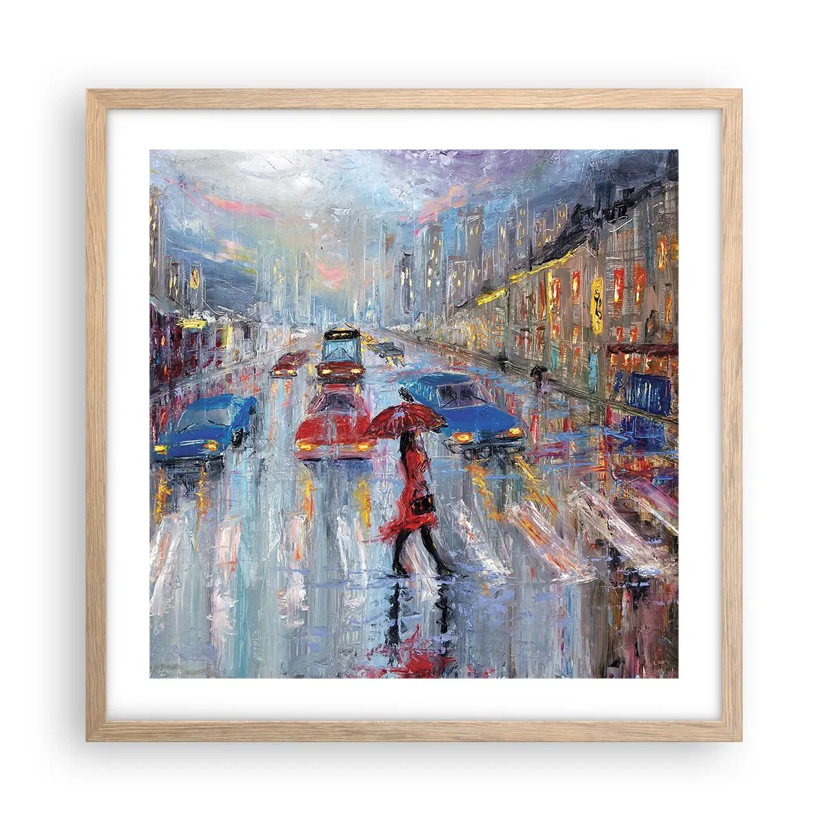 Poszter világos tölgy keretben - Esős délután a városban - 50x50 cm