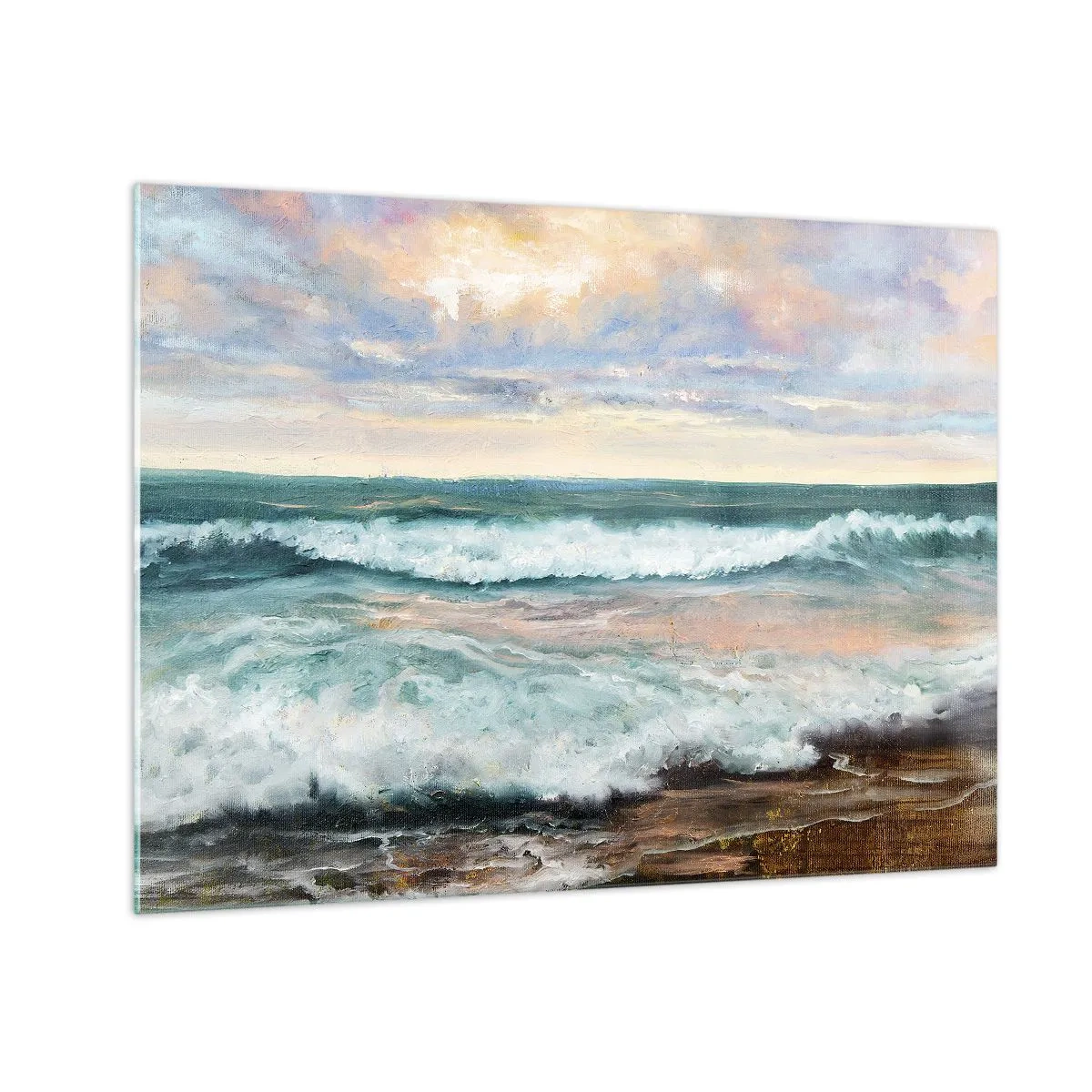 Üveg kép - Egy festmény, amely a partnak csapódó hullámokat ábrázolja - 70x50cm - Itt kisimítod a lelked - Modern fali dekoráció nappalihoz és hálószobához ARTTOR