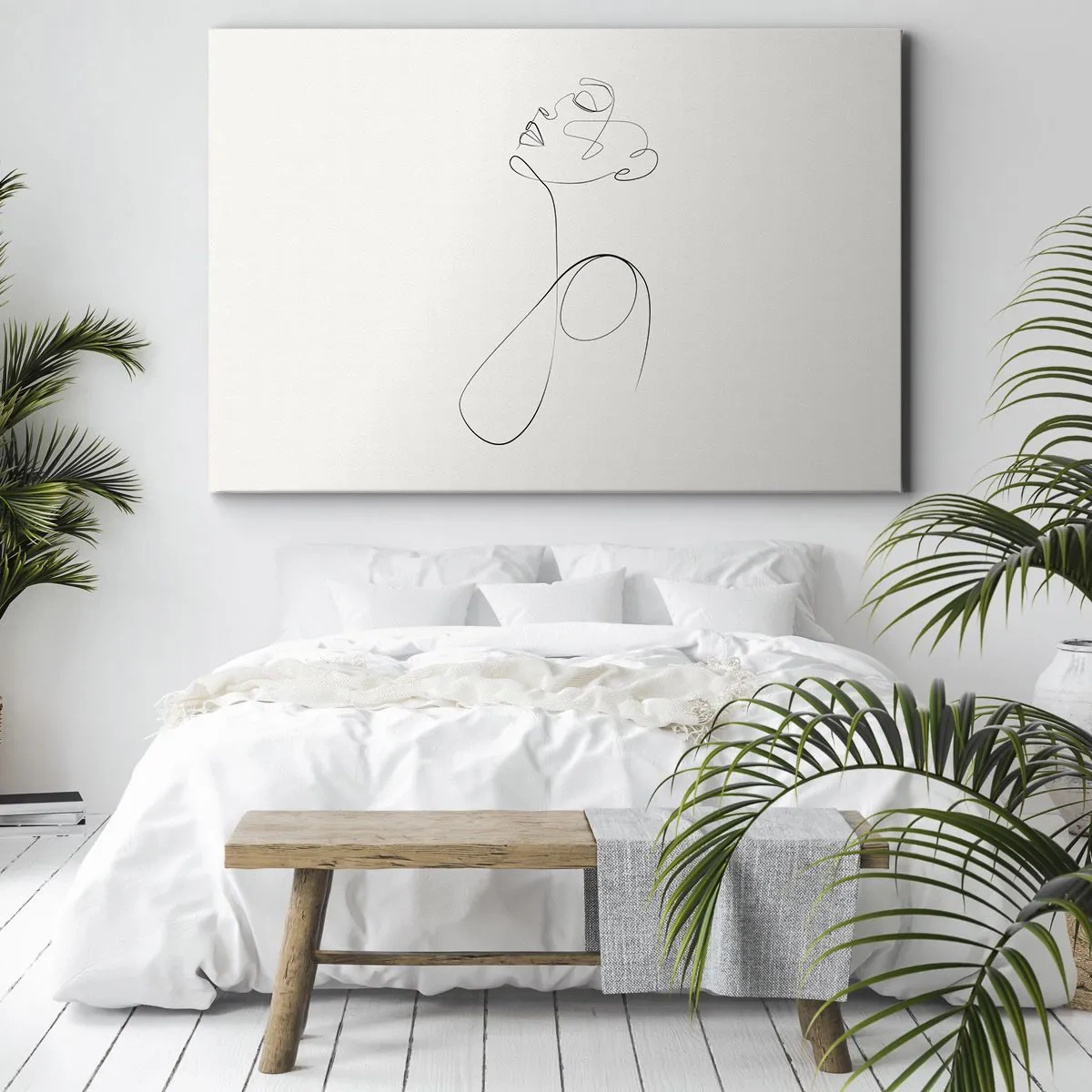 Vászonkép - Minimalista vonalas arcvázlat fehér háttérrel - 70x50cm - Álmokban hurkolt - Modern fali dekoráció nappalihoz és hálószobához ARTTOR