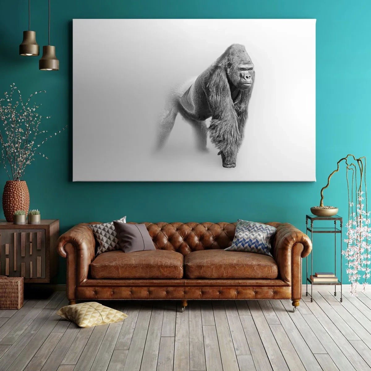 Vászonkép - Gorilla fekete-fehér tónusokkal fehér alapon - 70x50cm - Magabiztos az erejében - Modern fali dekoráció nappalihoz és hálószobához ARTTOR