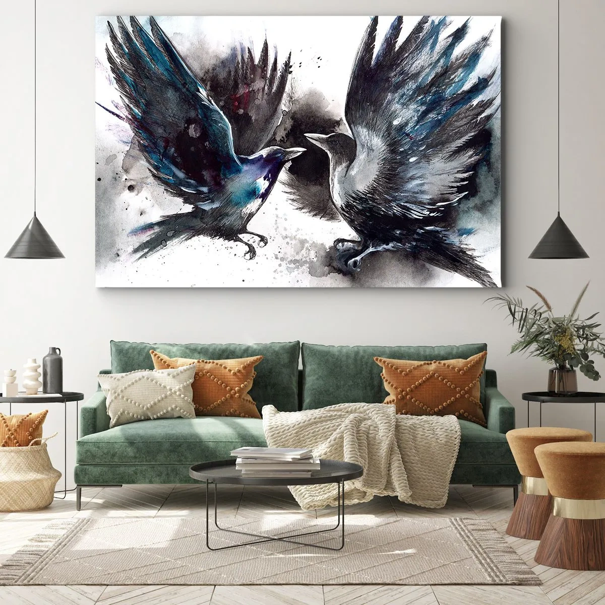 Vászonkép - Művészi hollók dinamikus akvarell kompozícióban - 70x50cm - Varjú a varjúnak… - Modern fali dekoráció nappalihoz és hálószobához ARTTOR