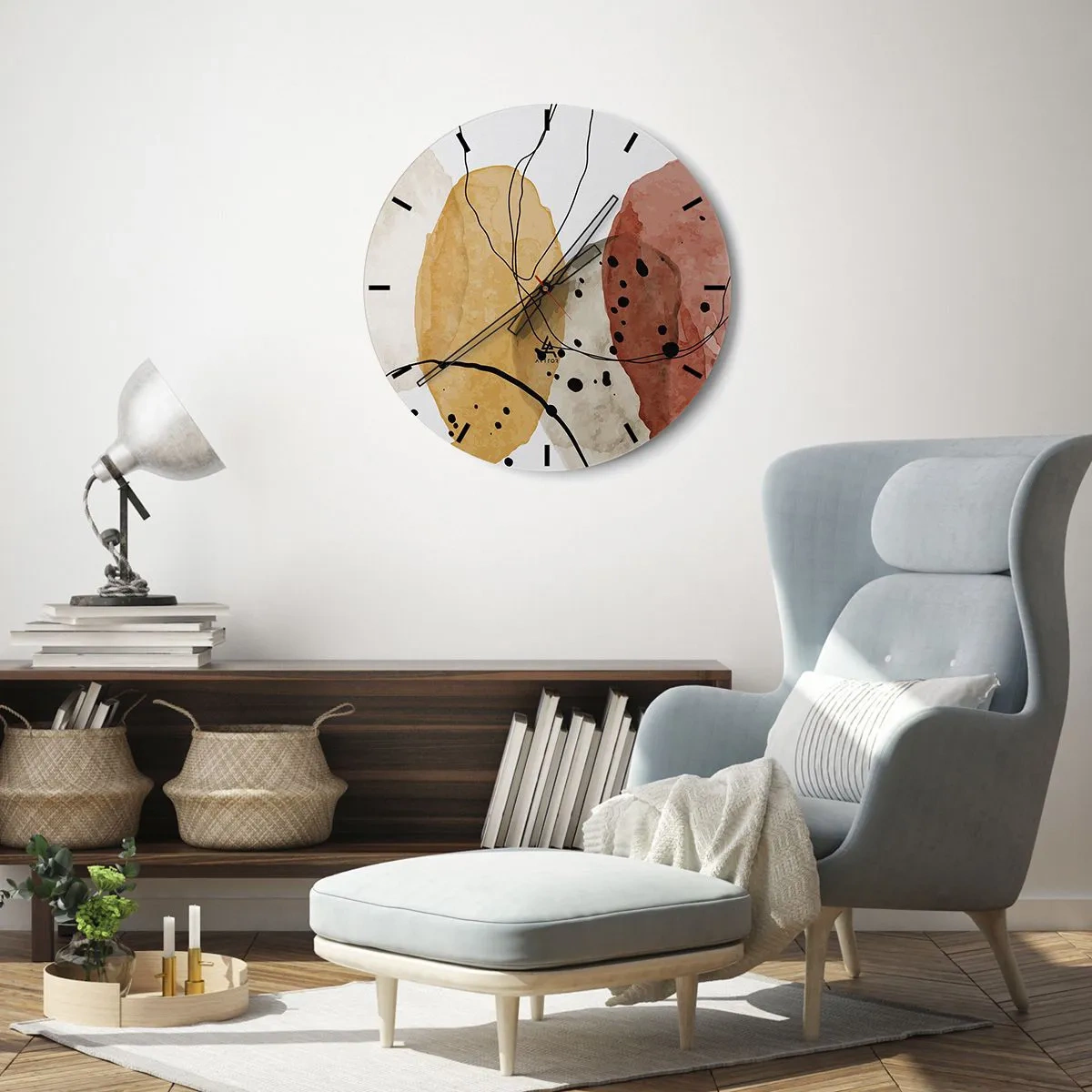Falióra, Óra - Absztrakt színes formák fekete vonalakkal és pontokkal - 30x30cm - Mint a könnyű, friss levegő - Modern fali dekoráció nappalihoz, konyhához és hálószobához ARTTOR