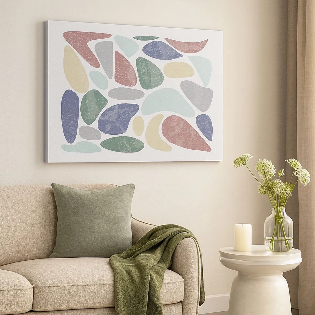 Vászonkép - Színes organikus formák fehér alapon - 70x50cm - Mozaik púderes színekből - Modern fali dekoráció nappalihoz és hálószobához ARTTOR