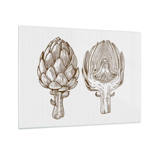 Üveg kép - Articsóka botanikai rajza teljes egészében és keresztmetszetben - 70x50cm - Anatómia lecke - Modern fali dekoráció nappalihoz és hálószobához ARTTOR