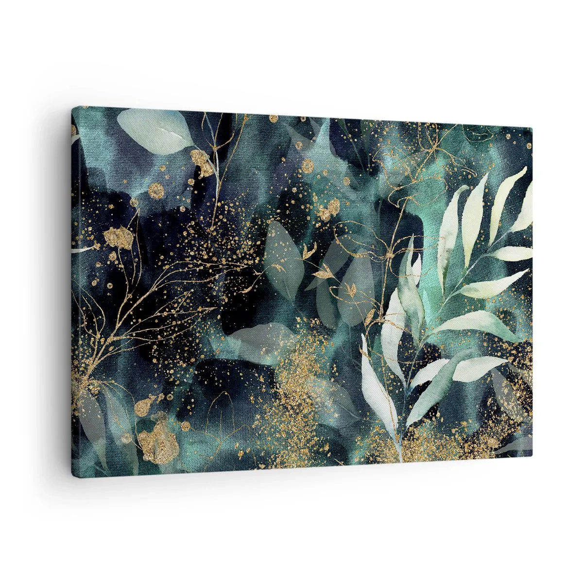 Vászonkép - Elegáns levelek sötét alapon, arany díszítéssel - 70x50cm - Elvarázsolt kert - Modern fali dekoráció nappalihoz és hálószobához ARTTOR