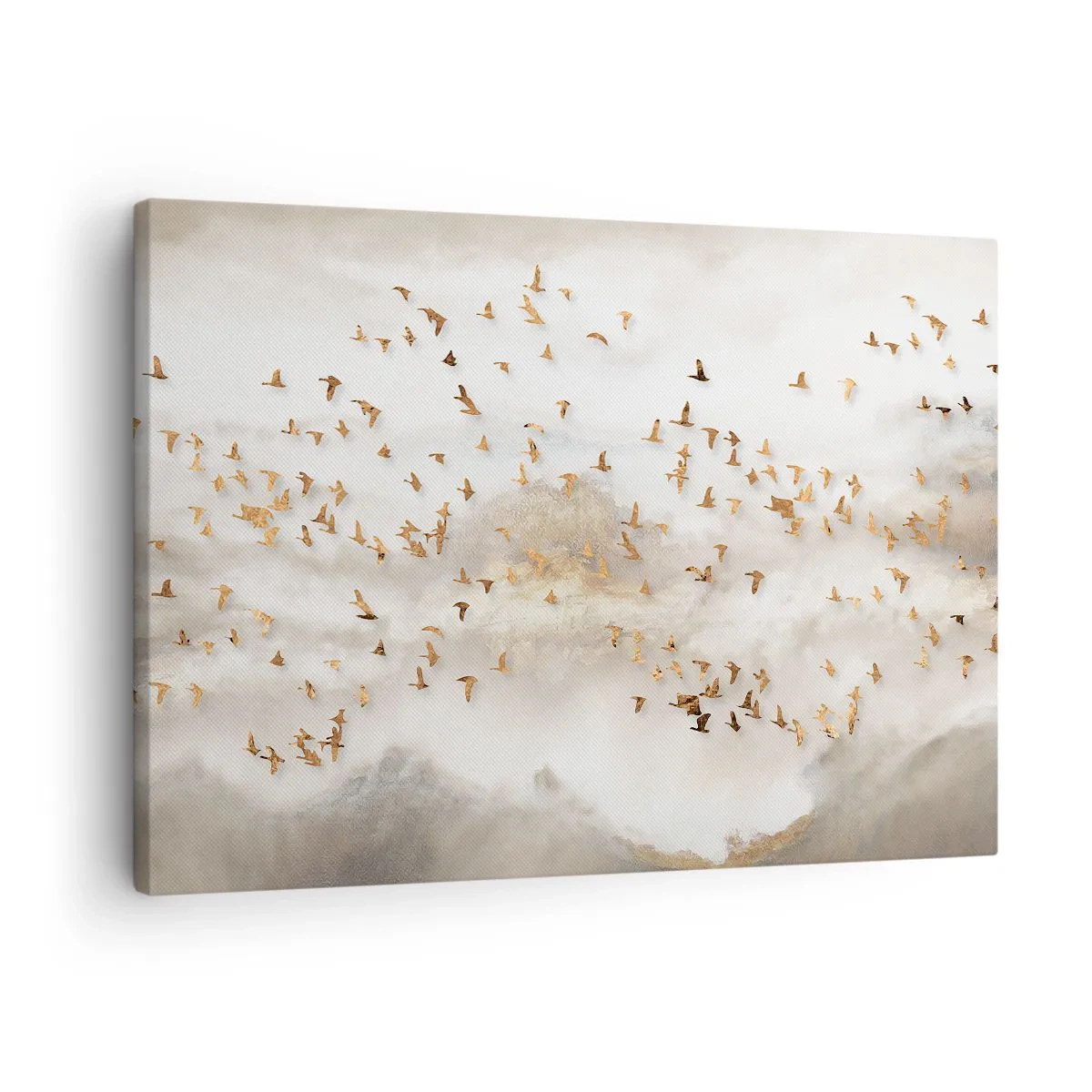 Vászonkép - Aranymadarak a ködös hegyek hátterében - 70x50cm - Itt az idő... - Modern fali dekoráció nappalihoz és hálószobához ARTTOR