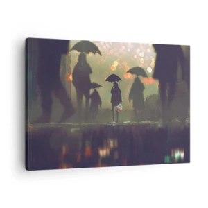 Vászonkép - Egy alak esernyővel egy esős estén a város fényei között - 70x50cm - Egy esőcsepp szemszögéből - Modern fali dekoráció nappalihoz és hálószobához ARTTOR