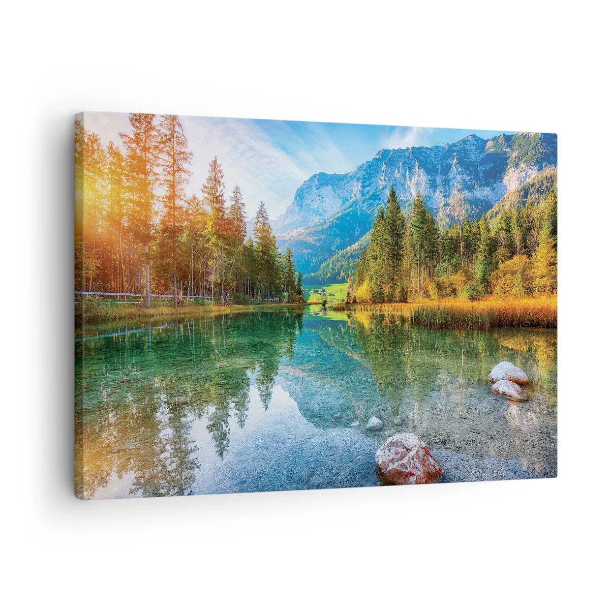 Vászonkép - Egy festői tó, hegyek és erdők veszik körül - 70x50cm - Az ősz enyhesége - Modern fali dekoráció nappalihoz és hálószobához ARTTOR