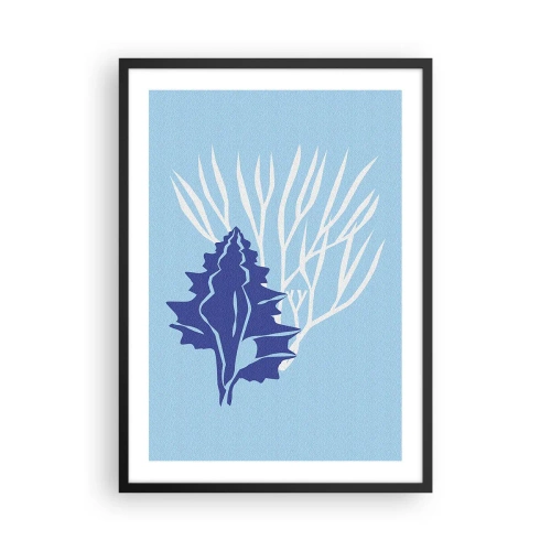 Poszter fehér keretben - Kagylók és korallok tengerészeti grafikája kék háttéren - 50x70cm - Lombos formák - Modern fali dekoráció nappalihoz és hálószobához ARTTOR