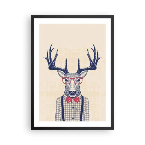 Poszter fehér keretben - Stílusos szarvas szemüveggel és csokornyakkendővel bézs alapon - 50x70cm - Mókás extravagancia - Modern fali dekoráció nappalihoz és hálószobához ARTTOR