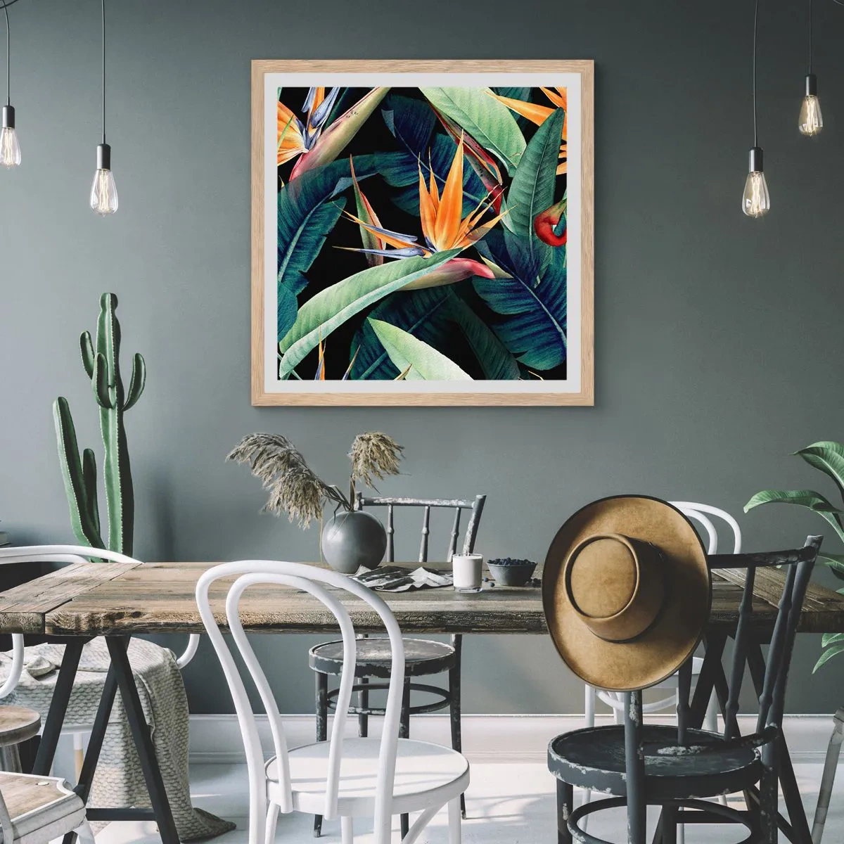 Poszter világos tölgy keretben - A trópusok lángoló virágai - 40x40 cm