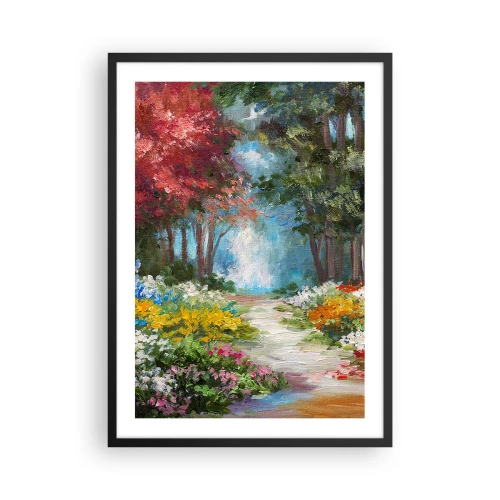 Poszter fehér keretben - Egy színes erdei kert tele virágokkal és fákkal - 50x70cm - Erdei kert, virágos erdő - Modern fali dekoráció nappalihoz és hálószobához ARTTOR