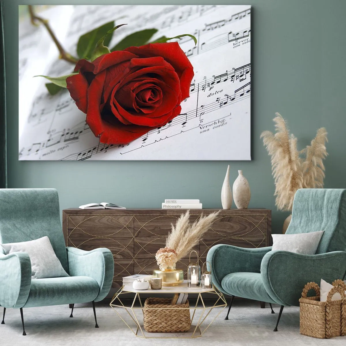 Vászonkép - Egy vörös rózsa fehér papíron lévő hangjegyek hátterében. - 70x50cm - Érzések zenéje skarlátvörös színben - Modern fali dekoráció nappalihoz és hálószobához ARTTOR