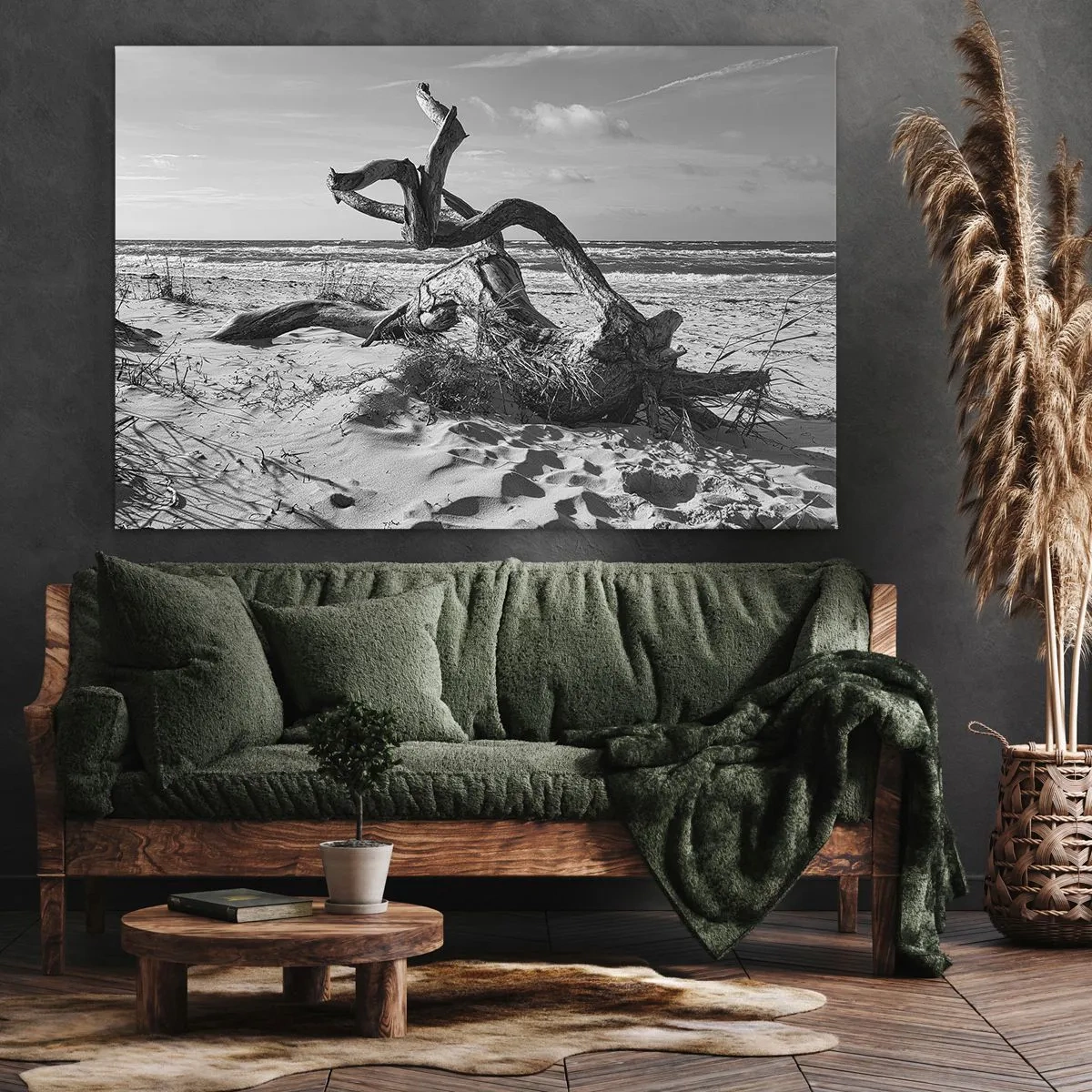 Vászonkép - Fekete-fehér tájkép egy halott fával a tengerparton - 70x50cm - Tengeri szobor - Modern fali dekoráció nappalihoz és hálószobához ARTTOR