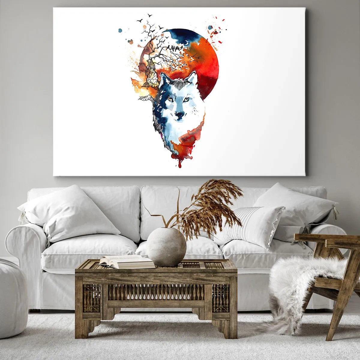 Vászonkép - Absztrakt akvarell festmény egy farkasról a vörös hold ellen - 70x50cm - Szembe az éjszakával - Modern fali dekoráció nappalihoz és hálószobához ARTTOR