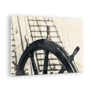 Üveg kép - Fekete-fehér hajókerék - 70x50cm - Tengeri történetek - Modern fali dekoráció nappalihoz és hálószobához ARTTOR