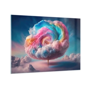 Üveg kép - Egy fantáziadús felhő pasztell színekben, ami vattacukorra hasonlít. - 70x50cm - Álom egy vidámparkról - Modern fali dekoráció nappalihoz és hálószobához ARTTOR
