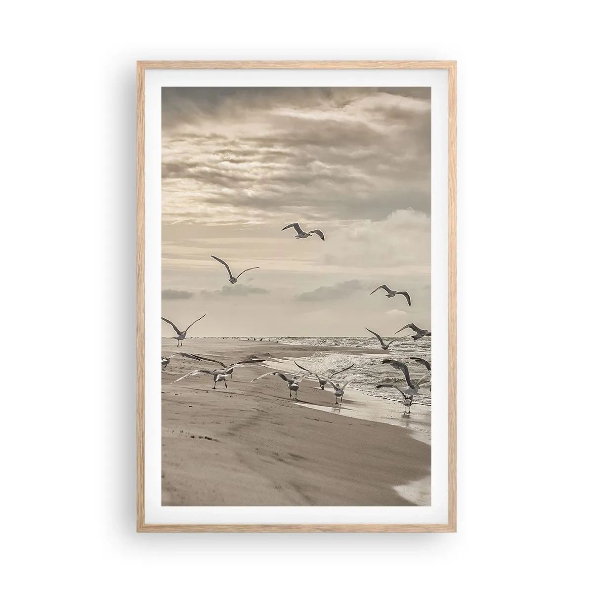 Poszter világos tölgy keretben - A tenger hangja, a madarak éneke - 61x91 cm