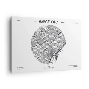 Vászonkép - Barcelona térképe minimalista fekete-fehér stílusban - 70x50cm - Barcelona anatómiája - Modern fali dekoráció nappalihoz és hálószobához ARTTOR