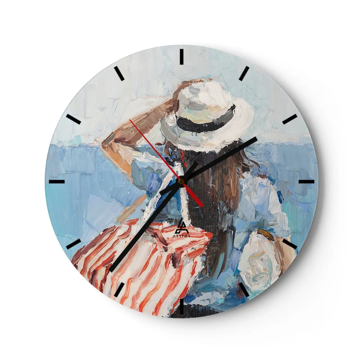 Falióra, Óra - Egy nyári festmény egy kalapban lévő nőről a tengerrel szemben - 30x30cm - Üdvözöljük a nyaraláson - Modern fali dekoráció nappalihoz, konyhához és hálószobához ARTTOR