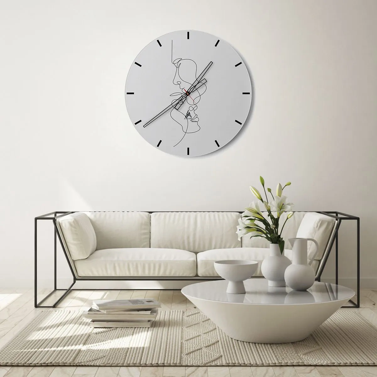 Falióra, Óra - Minimalista arc körvonalai fekete vonalakkal fehér alapon - 30x30cm - Gyászos sóvárgás - Modern fali dekoráció nappalihoz, konyhához és hálószobához ARTTOR