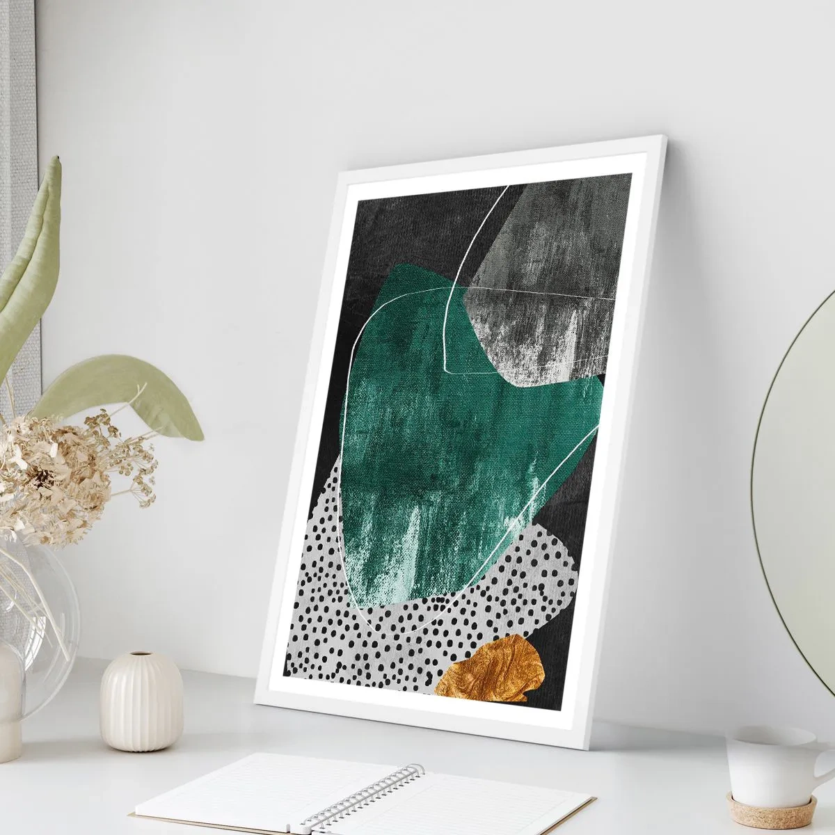 Poszter fekete keretben - Színes absztrakció aranypehellyel - 50x70 cm