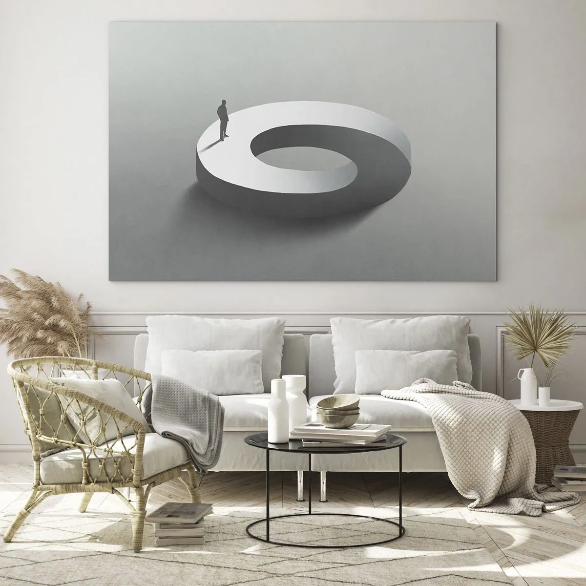 Üveg kép - Egy minimalista sziluett egy férfiról egy fehér gyűrűn - 70x50cm - És bölcsnek lenni - Modern fali dekoráció nappalihoz és hálószobához ARTTOR