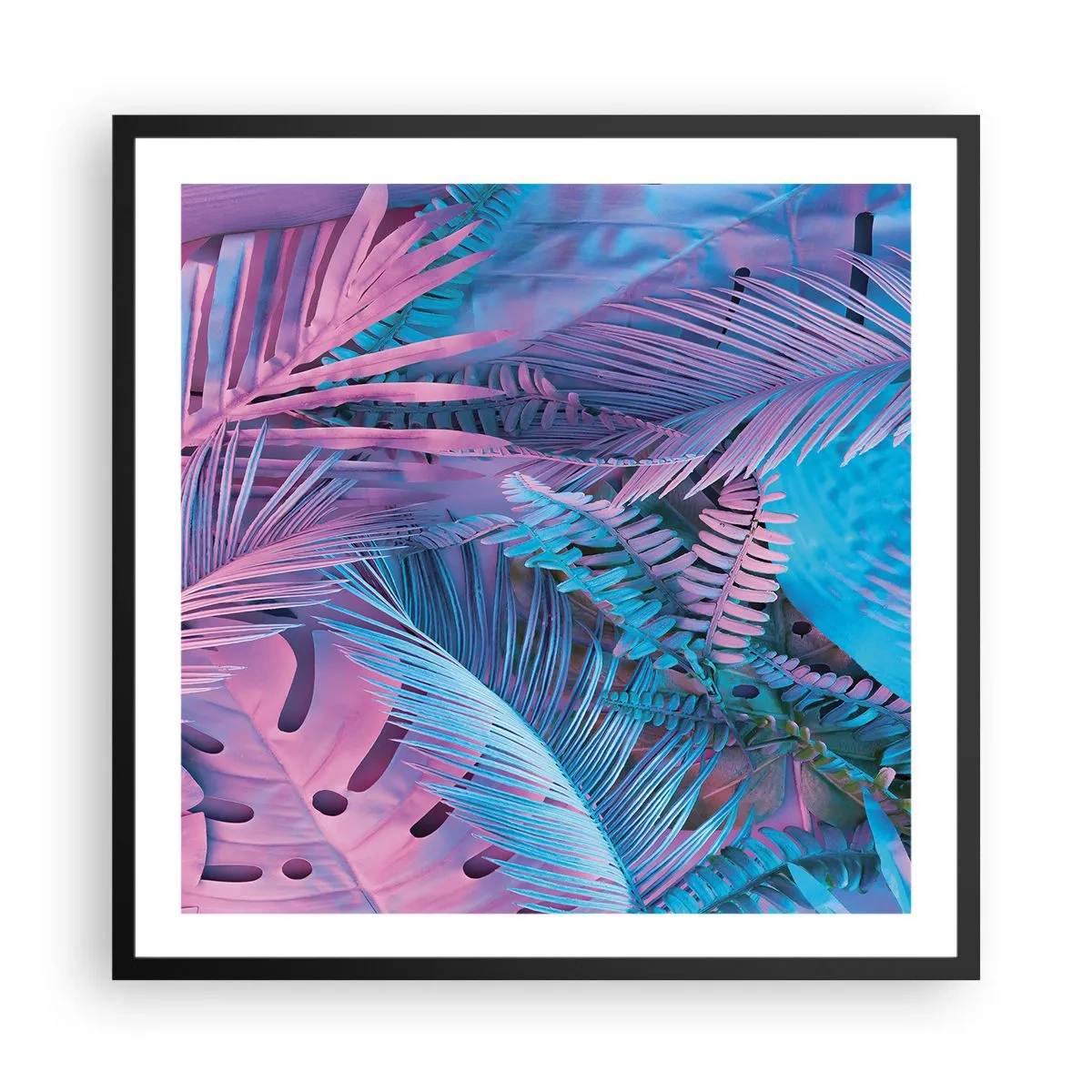 Poszter fehér keretben - Trópusok rózsaszínben és kékben - 60x60 cm