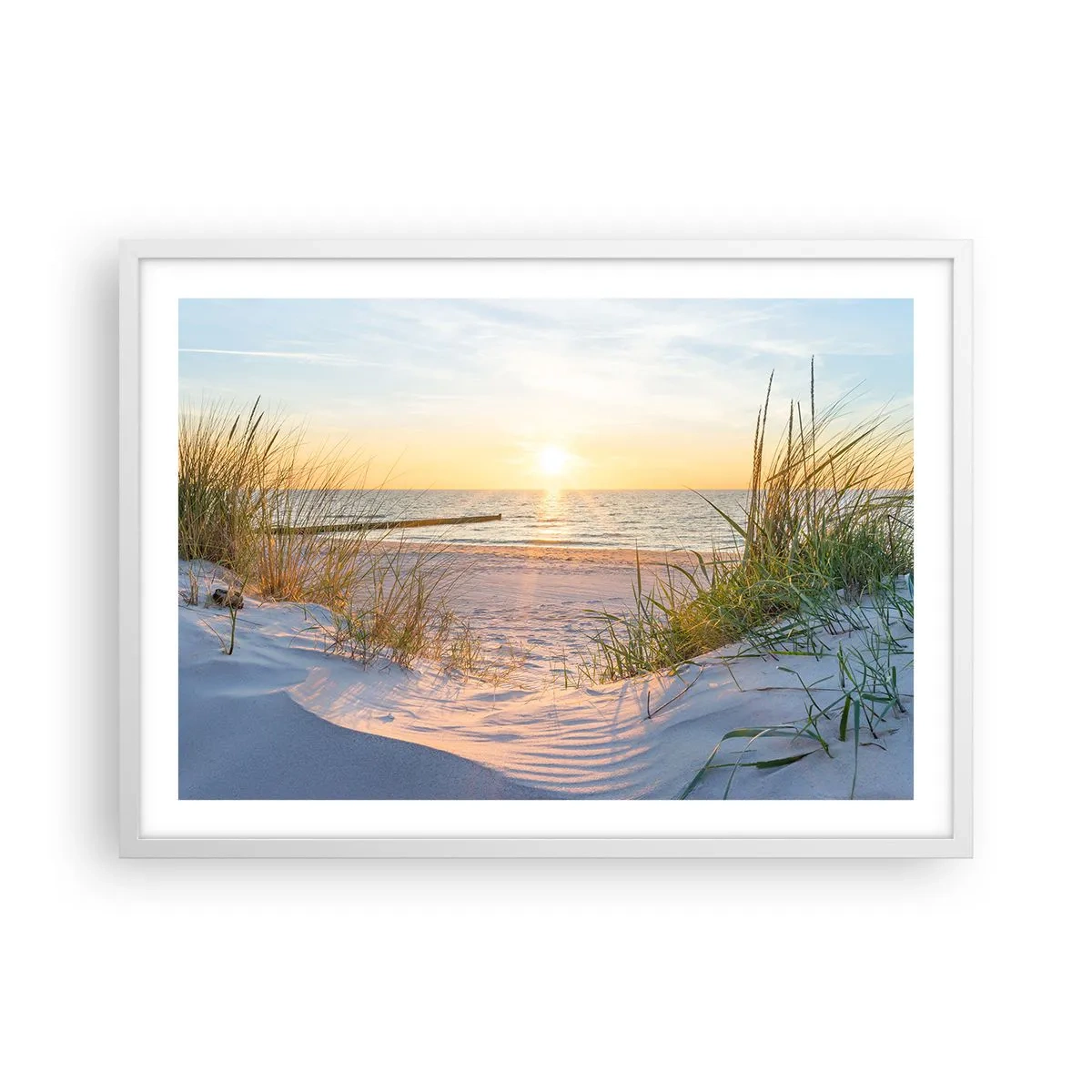 Poszter fekete keretben - A tenger hangja, a madarak éneke, egy vad tengerpart a fű között... - 70x50 cm