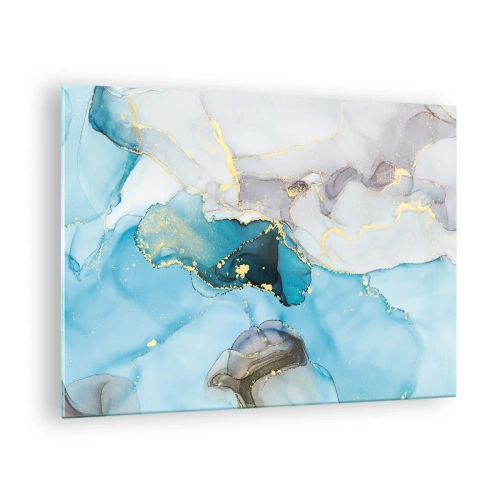 Üveg kép - Türkiz és szürke hullámok arany díszítéssel - 70x50cm - Tanulmány a szürke és a türkiz találkozásáról - Modern fali dekoráció nappalihoz és hálószobához ARTTOR