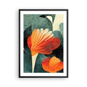Poszter fehér keretben - Absztrakt virágok narancssárga és zöld árnyalatokban - 50x70cm - A trópusok forrósága és a zöldellő hűvösség - Modern fali dekoráció nappalihoz és hálószobához ARTTOR
