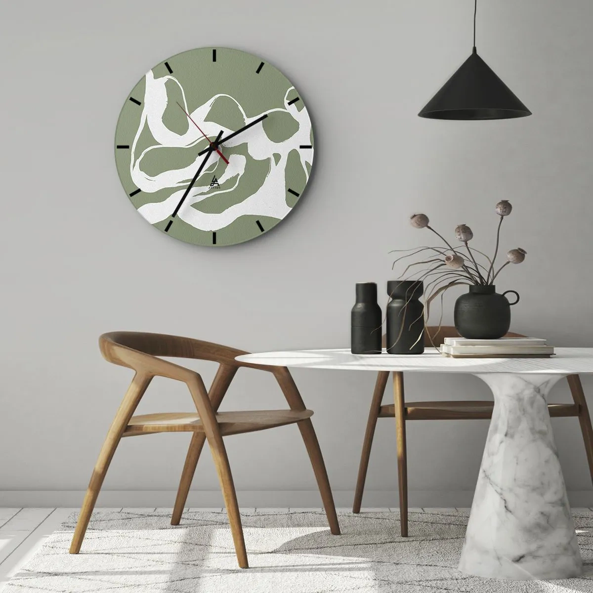 Falióra, Óra - Organikus fehér formák olívazöld háttéren - 30x30cm - A tér hívása - Modern fali dekoráció nappalihoz, konyhához és hálószobához ARTTOR