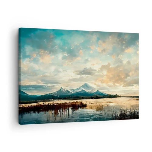 Vászonkép - Festői táj heggyel és nyugodt tóval - 70x50cm - Az ég védelme alatt - Modern fali dekoráció nappalihoz és hálószobához ARTTOR