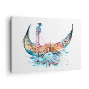 Vászonkép - Velence gondola alakú akvarell kompozíciója - 70x50cm - A városon keresztül hajózunk - Modern fali dekoráció nappalihoz és hálószobához ARTTOR