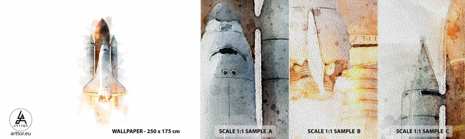 Fotótapéta Minta Premium Sand - Felfedezők az elején - Egy űrrakéta, Világegyetem, Minimalizmus - 100x30 cm