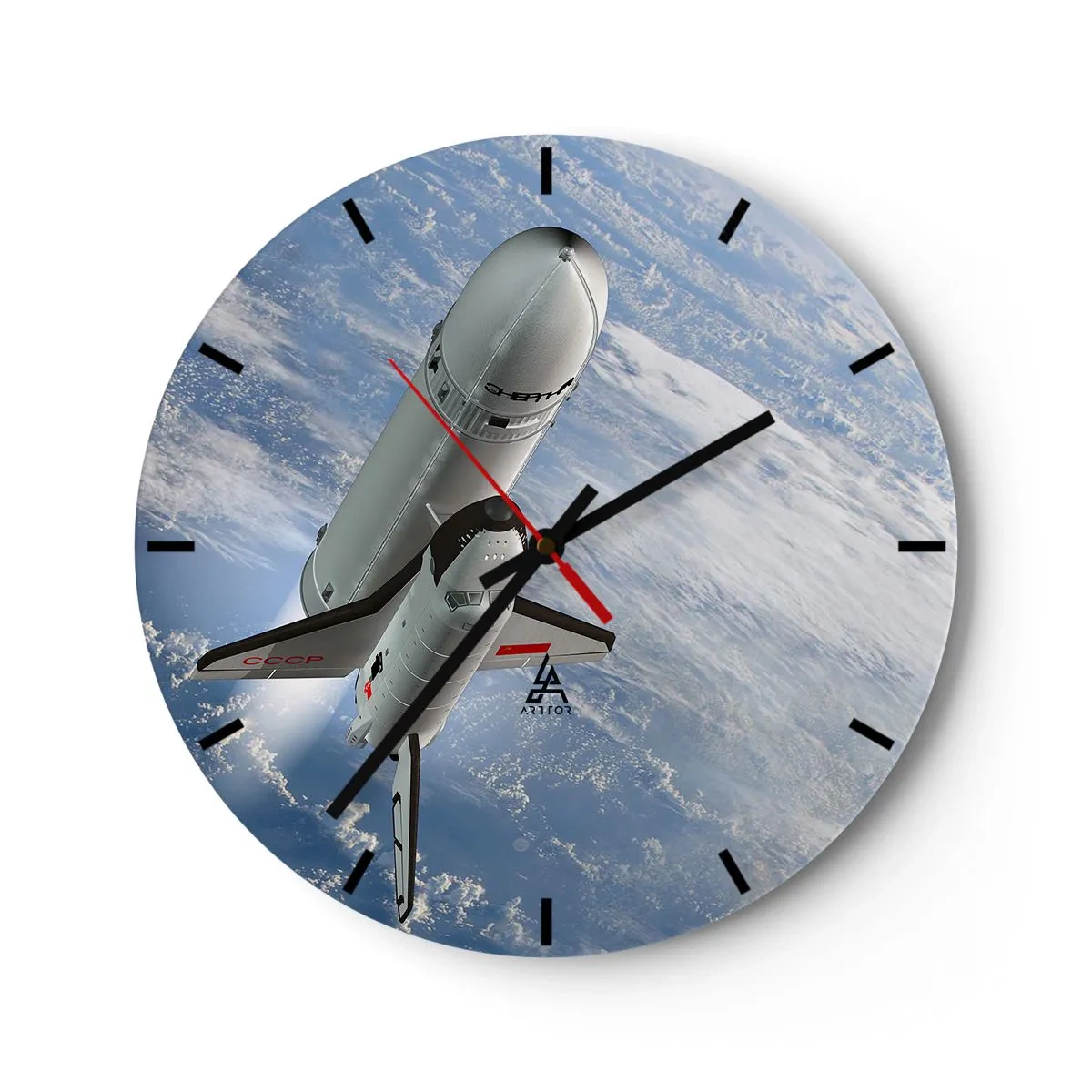 Falióra, Óra - Egy űrsikló a Föld légkörének hátterében az űrben - 30x30cm - Kozmikus mennybemenetel - Modern fali dekoráció nappalihoz, konyhához és hálószobához ARTTOR