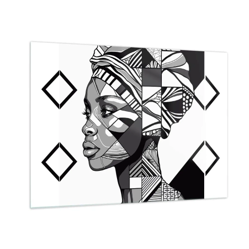 Üveg kép - Fekete-fehér etnikai portré egy nőről geometrikus mintákkal - 70x50cm - Etnikai portré - Modern fali dekoráció nappalihoz és hálószobához ARTTOR