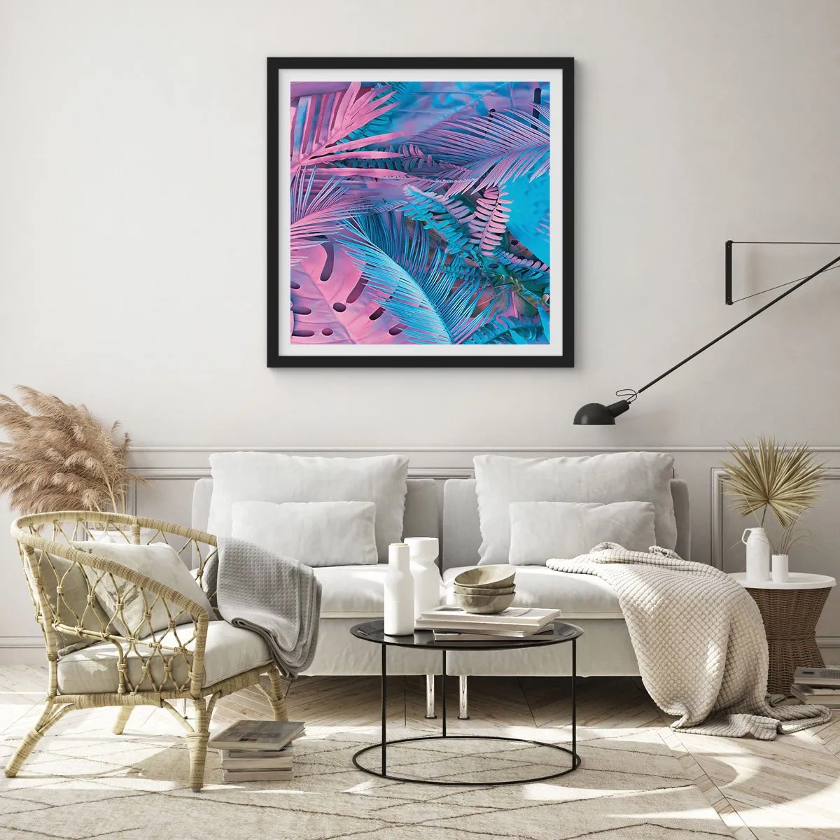 Poszter fehér keretben - Trópusok rózsaszínben és kékben - 50x50 cm