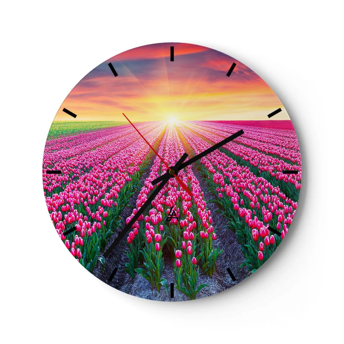 Falióra, Óra - Piros tulipánmező naplementekor - 30x30cm - Gyönyör farm - Modern fali dekoráció nappalihoz, konyhához és hálószobához ARTTOR
